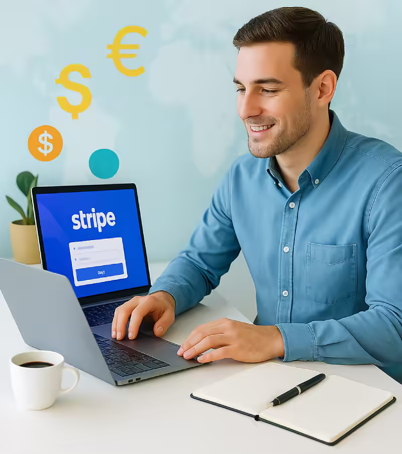 Türkiye’den freelancer’ın dizüstü bilgisayarda Stripe ödeme arayüzüyle çalıştığı gerçekçi bir fotoğraf. Stripe hesabı açmak için ABD LLC kurulum rehberini tanıtıyor.